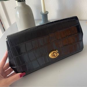Coach Alexa Turnlock Black Croc Clutch Crossbody Bag